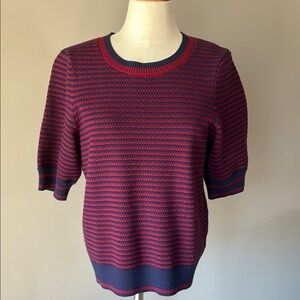 Evereve Red Navy textured Striped Sweater 1/2 bubble sleeve ribbed cuff waist L